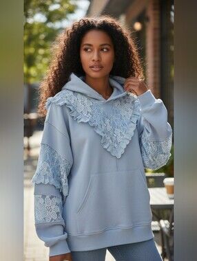 RareRaw-Light Blue Lace-Trim Hoodie Sweatshirt - #HD10
